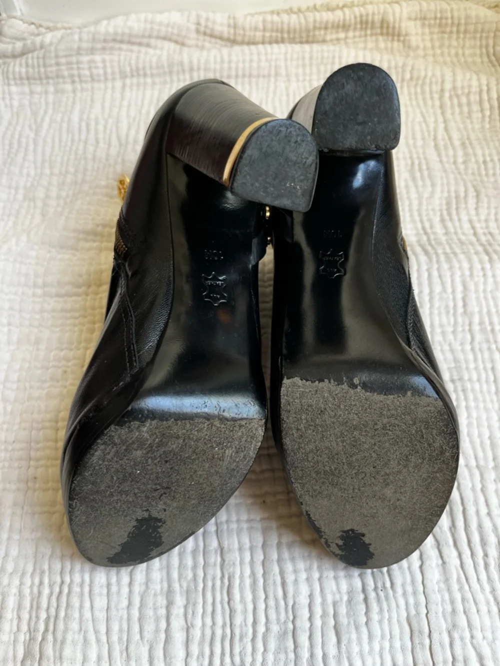 Tory Burch Black Gold Whitney Heeled Logo Ankle Boots Booties Size 10